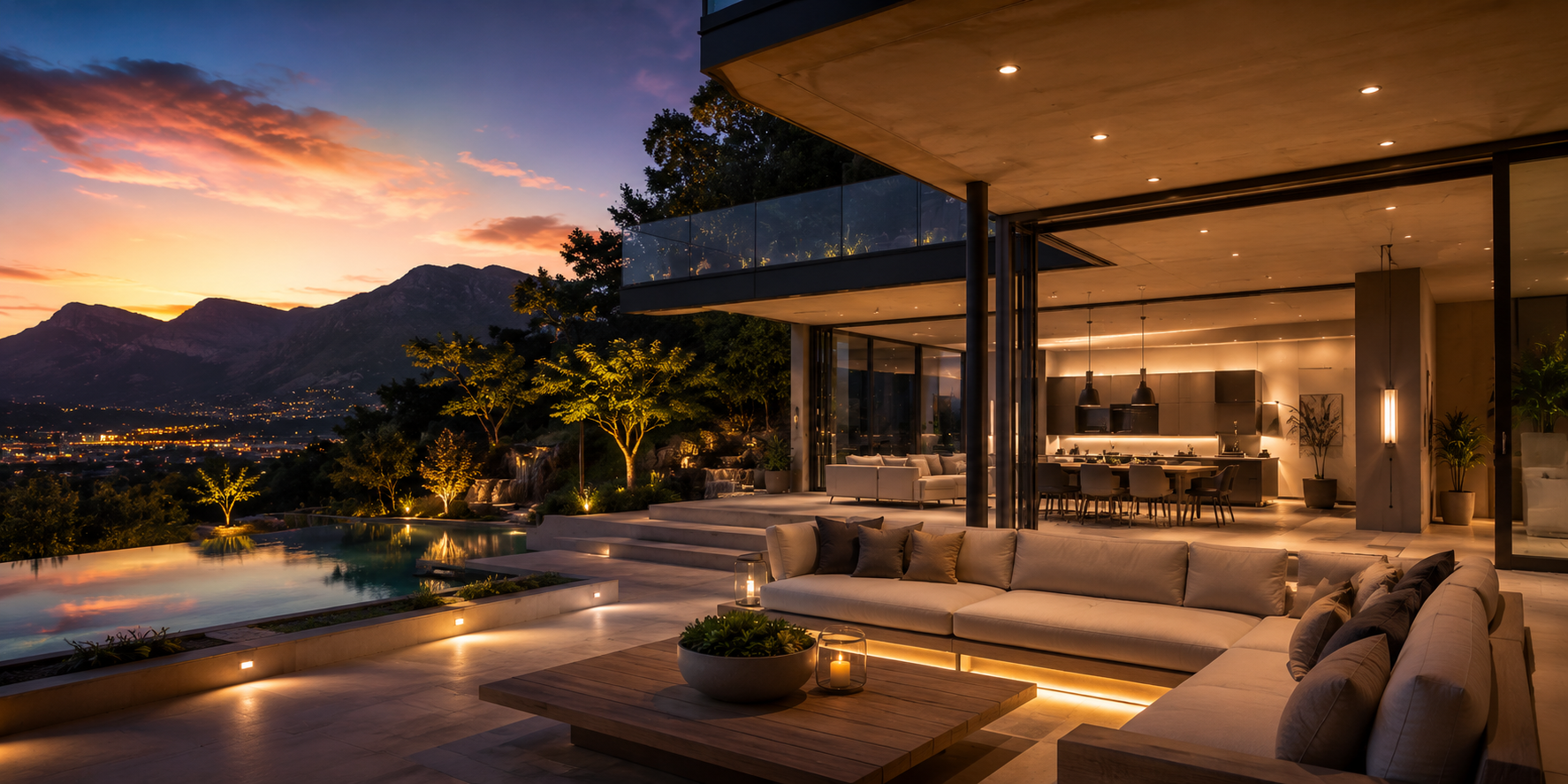 Genstar-lit residential outdoor area at sunset